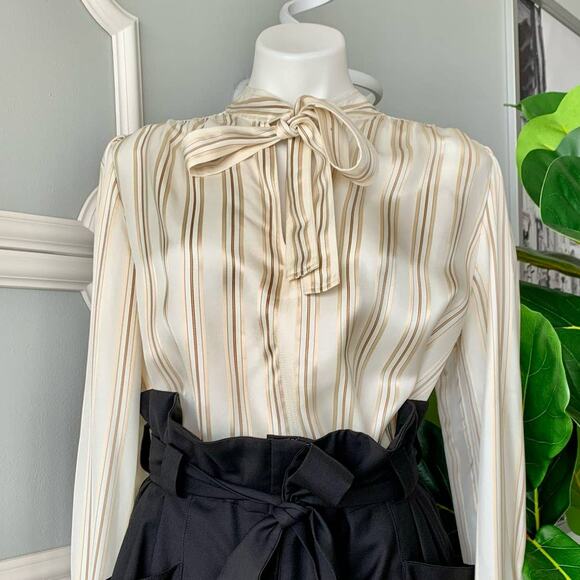 CO Tie Neck Striped Twill Poet Blouse Size Large